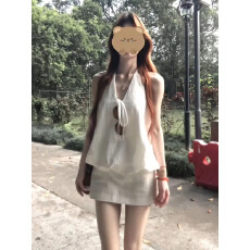 原版质量！白色半裙套装女夏季挂脖花苞露背上衣包臀半身裙两件套