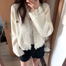 批发小香风拼接蕾丝花边针织开衫女早秋新款<b class='q'>韩版</b>百搭设计感毛衣外套潮