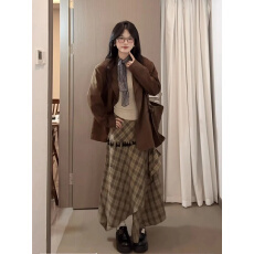 批发原版品质 三件套女韩系秋冬新款西装麂皮<b class='q'>外套</b>打底上衣格纹半身裙