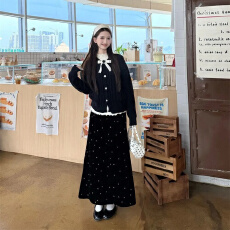 批发法式淑<b class='q'>女</b>三件<b class='q'>套装</b>温柔风针织开衫搭配波点打底衫<b class='q'>女</b>冬季高腰半身裙