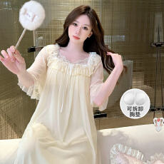 批发带可拆卸胸垫夏季宫廷风蕾丝甜美网纱仙女款家居服 M-XXL