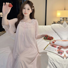 批发带可拆卸胸垫夏季宫廷风蕾丝甜美网纱仙女款家居服 M-XXL