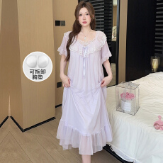 批发带可拆卸胸垫夏季宫廷风蕾丝甜美网纱仙女款家居服 M-XXL