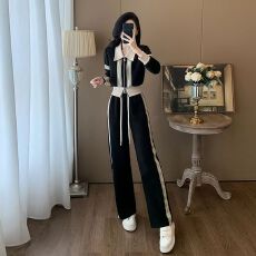 批发休闲运动针织<b class='q'>套装</b>女春秋新款高级感短款翻领开衫<b class='q'>哈伦裤</b>炸街两件套