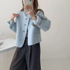 批发2025年小香风马卡龙色系双面<b class='q'>羊绒</b><b class='q'>大衣</b>女短款气质韩版圆领羊毛外套