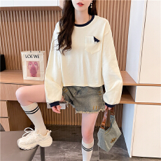 批发<b class='q'>韩版</b>宽松春秋款立体口袋装饰拼接插色曼巴棉卫衣女