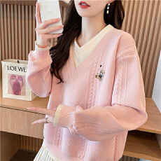 批发<b class='q'>韩版</b>宽松春秋款绣花螺纹拼接插色爆款提花卫衣女