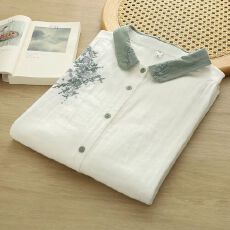 批发双层棉纱长袖<b class='q'>衬衫女</b>2025秋复古文艺绣花领子柔软亲肤透气纯棉上衣