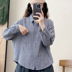 批发新款纯棉秋季双层棉纱翻领<b class='q'>格子衬衫</b>女长袖衣文艺休闲复古宽松上衣