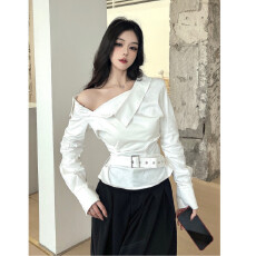 批发<b class='q'>白色</b>斜肩长袖<b class='q'>衬衫女</b>早秋褶皱收腰衬衣美式露肩上衣