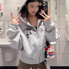 批发美式复古十字架豹纹连帽<b class='q'>开衫</b>卫衣外套女2025新款秋冬<b class='q'>短款</b>帽衫上衣