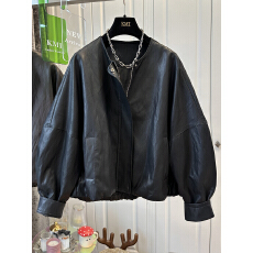 批发广州质量大码200斤超好看圆领宽松长袖花苞PU<b class='q'>皮衣</b>女外套落肩袖