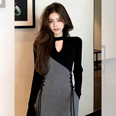 批发法式小香风特别漂亮掐腰灰色拼接<b class='q'>连衣裙</b>女2025秋季新款气质感长裙