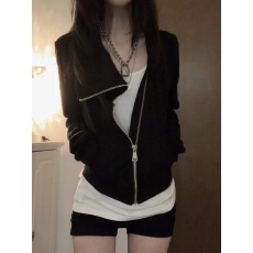 批发设计感不规则翻领长袖卫衣女装秋季美式黑色短款<b class='q'>外套</b>上衣