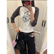 韩系时尚条纹小狗T恤女秋季修身显瘦插肩袖印花上衣