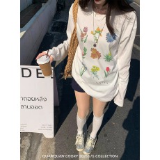 韩版纯棉100%棉 春装长袖T恤女宽松上衣印花