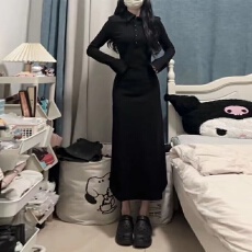 批发【有薄厚款黑色<b class='q'>长袖</b><b class='q'>衬衫</b>连衣裙子女2025新款早秋季法式穿搭长裙子