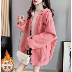批发秋冬新款韩版加绒外套女潮ins洋气宽松拉链<b class='q'>开衫</b>连帽