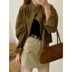 批发 美式复古高街咖色牛仔外套女春秋2025新款小个子立领工装