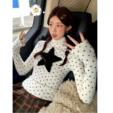 批发【官图 广州罗纹德绒270<b class='q'>克</b>1*1】半高领长袖T恤波点星星毛绒上衣