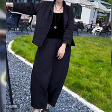 批发老钱风短西装外套长裤套装春<b class='q'>秋</b>薄款宽松时尚洋气阔腿直筒裤两件套