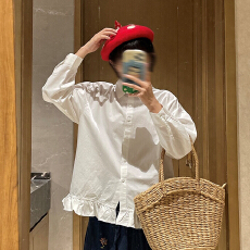 批发韩系学院风荷叶边下摆<b class='q'>森系</b>长袖<b class='q'>衬衫</b>女春秋新款学院风宽松显瘦上衣