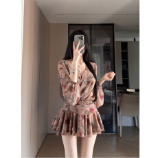 批发大码法式复古性感v领晕染<b class='q'>雪纺</b><b class='q'>连衣裙</b>女胖mm纯欲辣妹收腰百褶短裙