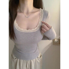 批发螺纹德绒带胸垫可拆卸】 纯欲性感蕾丝拼接T恤女内搭