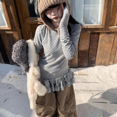 批发韩系波点花边裙摆叠穿长袖t恤女秋冬中长款内搭辣妹修身打底上衣