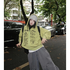 批发美式复古趣味绿色连帽卫衣女设计感小众宽松百搭开衫拉链<b class='q'>短款</b>外套