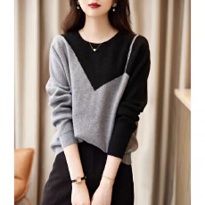 批发韩系圆领撞色拼接长袖2025冬季新款宽松显瘦百搭上衣