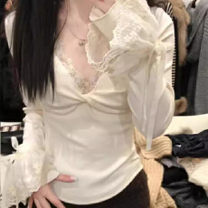 批发1*1罗纹德绒蕾丝花边v领正肩长袖<b class='q'>t</b><b class='q'>恤</b>女秋季纯欲保暖内搭打底衫