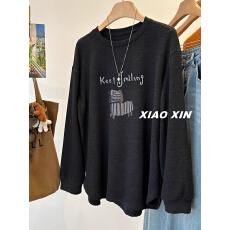 批发德绒】特大码300斤卡通线条<b class='q'>木马</b>印花德绒长袖T恤女