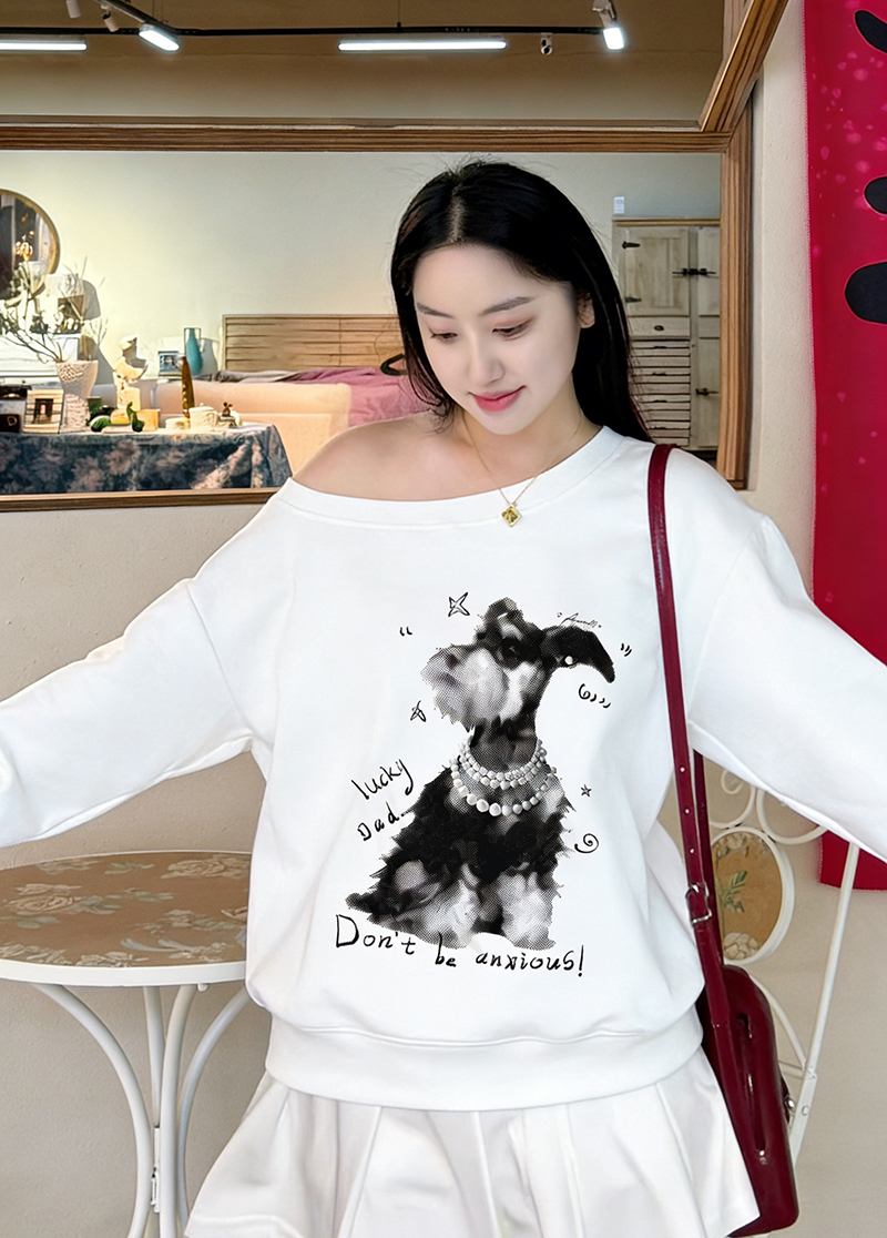 아메리칸 레트로 핫걸 비스듬한 칼라 오프숄더 프린트 루즈핏 후드티