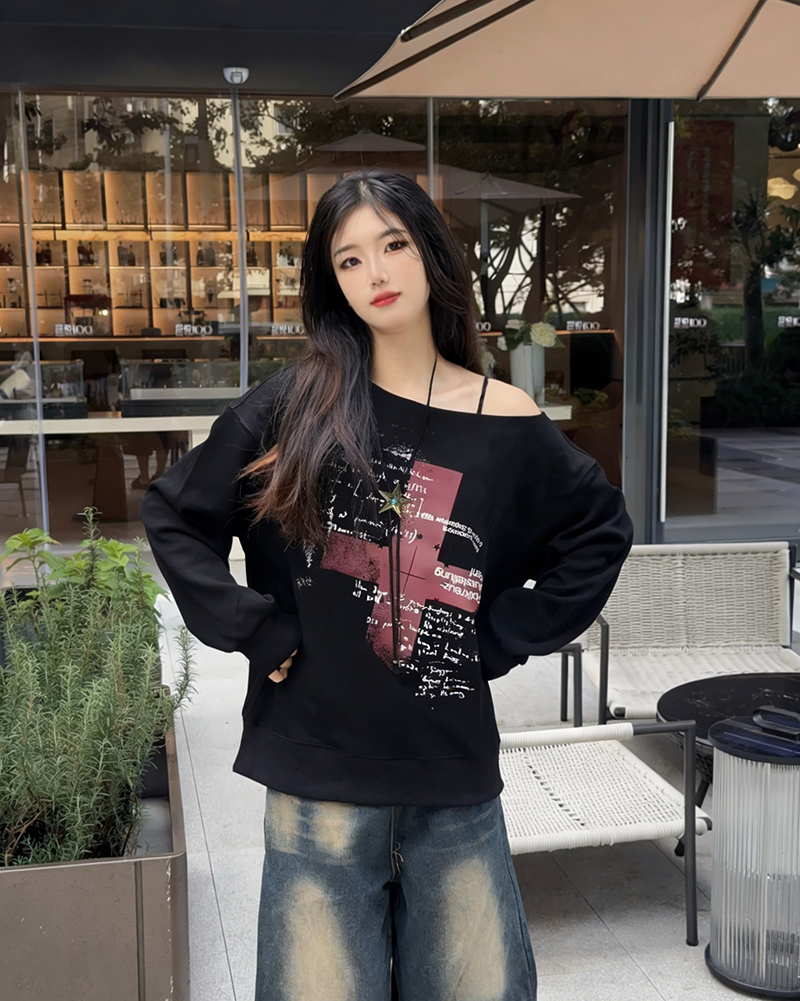 아메리칸 레트로 핫걸 비스듬한 칼라 오프숄더 프린트 루즈핏 후드티