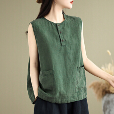 批发棉麻<b class='q'>背心</b>无袖上衣夏季新款百搭棉款文艺复古宽松纽扣设计T恤衫