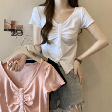 实拍 40支纯棉210克92棉/8氨纶 V领短袖T恤女设计小众