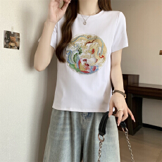 批发实拍 40支纯棉210克（92棉/8氨纶）短袖T恤女贴布