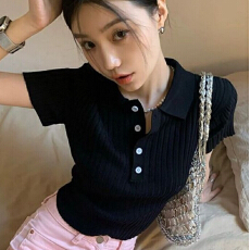 韩版简约百搭坑条修身polo领针织短袖女夏季设计感薄款高腰上衣