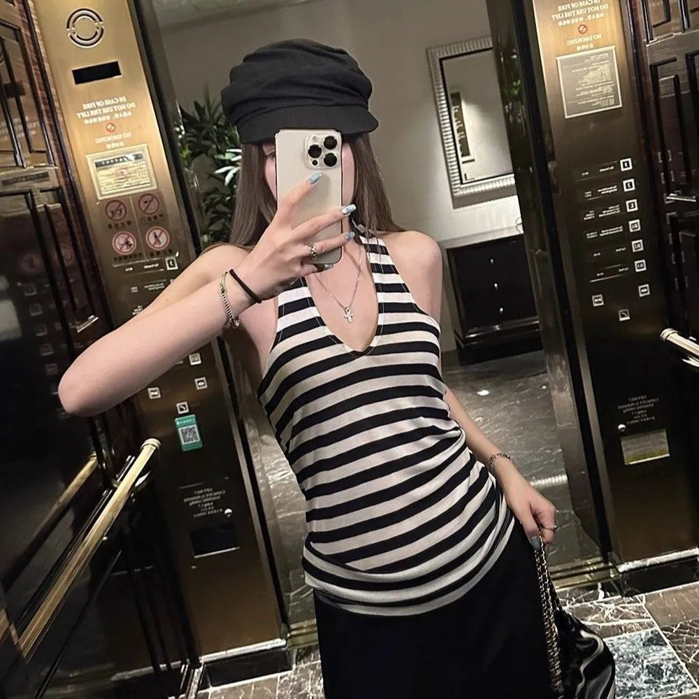 원본 광저우 원단 아메리칸 레트로 스트라이프 행침 목 조끼 작은 슬링 여성 백리스 몸매 가꾸기