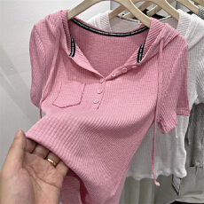 批发短袖T恤女2026年夏<b class='q'>装</b>新款韩版字母织带连帽衫休闲粉色修身上衣