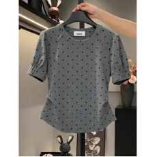 批发<b class='q'>大码</b>波点<b class='q'>时尚</b>正肩圆领短袖女t恤2026年夏季新上款设计感上衣