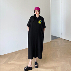 批发仿棉牛奶丝#有口袋#Polo领<b class='q'>短袖</b><b class='q'>连衣裙</b>女夏季新款韩系大码宽松长裙