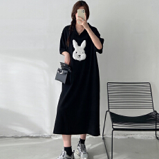 批发仿棉牛奶丝#有口袋#Polo领<b class='q'>短袖</b><b class='q'>连衣裙</b>女夏季新款韩系大码宽松长裙