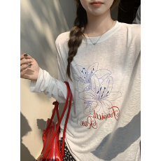 批发韩系T恤防晒<b class='q'>罩衫</b>女 春夏款百合印花长袖休闲宽松薄款上衣