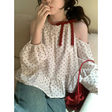 批发<b class='q'>甜美</b>风蝴蝶结波点露肩显瘦松弛感宽松上衣