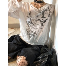 批发美式慵懒防晒衣<b class='q'>罩衫</b>t恤女夏季辣妹宽松微透设计感白色V领长袖上衣