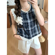批发原版面料原版做工】新款蕾丝花边格子无袖<b class='q'>衬衫</b>女设计感<b class='q'>百搭</b>上衣