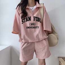 批发洋气减龄运动<b class='q'>套装</b>女夏季新款半拉链短袖<b class='q'>韩国</b>阔腿短裤设计感两件套