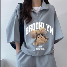 批发洋气减龄运动<b class='q'>套装</b>女夏季新款半拉链短袖<b class='q'>韩国</b>阔腿短裤设计感两件套